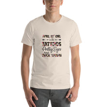 Load image into Gallery viewer, April 22nd girl with tattoos eyes and thighs Unisex T-Shirt